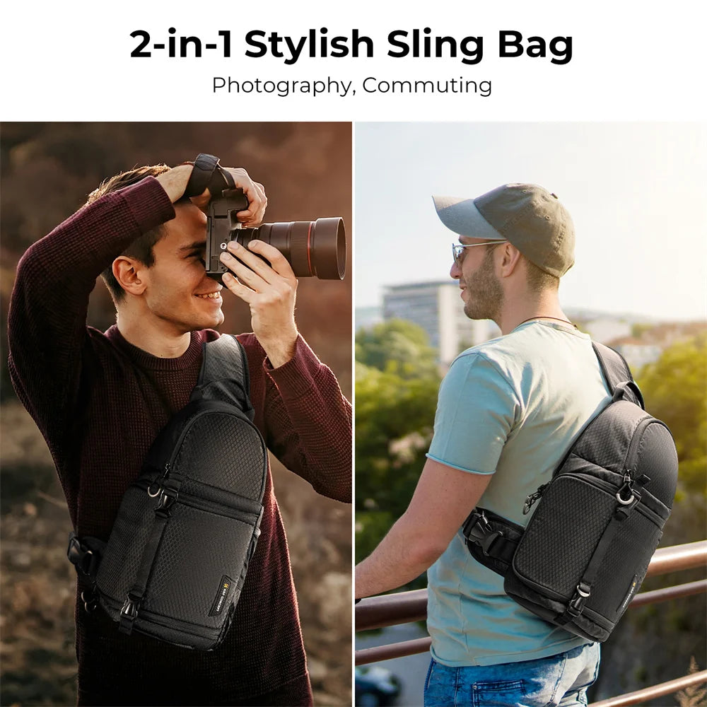 Four K&F Concept single-strap camera sling bags in black, grey, navy and green, standing side by side