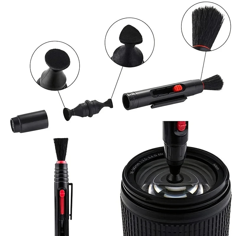 Camera cleaning kit on a shelf: black air blower, lens pen, soft brush, empty spray bottle, cloth and gray drawstring pouch