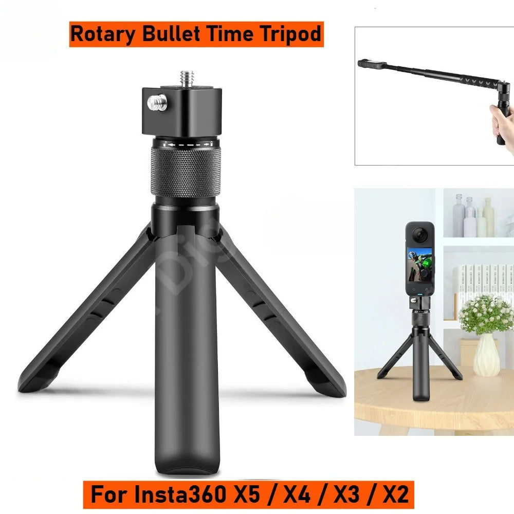 Black mini tripod handle with a rotating top and 1/4 inch screw, swinging a stick and holding a 360 camera on a table