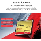 Gold and black SanDisk Extreme 32GB CompactFlash card marked 120 MB per second and UDMA 7