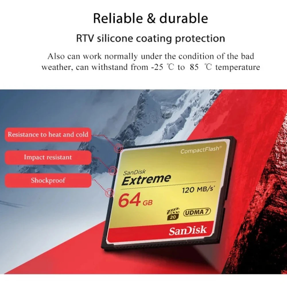 Gold and black SanDisk Extreme 32GB CompactFlash card marked 120 MB per second and UDMA 7