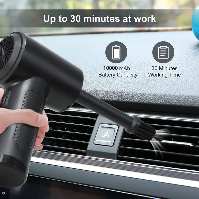 Black handheld cordless air blower with a lightning icon on the grip, five nozzle attachments and a USB cable