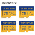 Four blue and yellow Microdrive-labeled microSD cards marked 128GB, 64GB, 32GB and 16GB on a white background