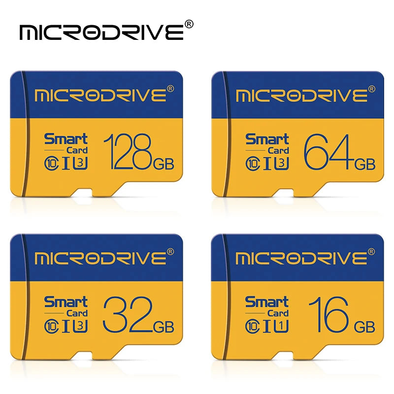 Four blue and yellow Microdrive-labeled microSD cards marked 128GB, 64GB, 32GB and 16GB on a white background