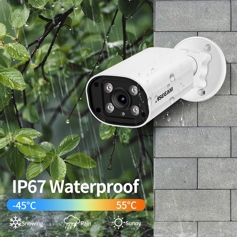 White Asecam bullet security camera with four lights around the lens, on a white wall mount