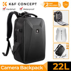 Black K&F Concept camera backpack with a molded hard shell front, beside its open inside and a white rain cover