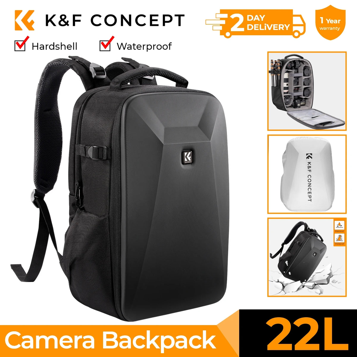 Black K&F Concept camera backpack with a molded hard shell front, beside its open inside and a white rain cover