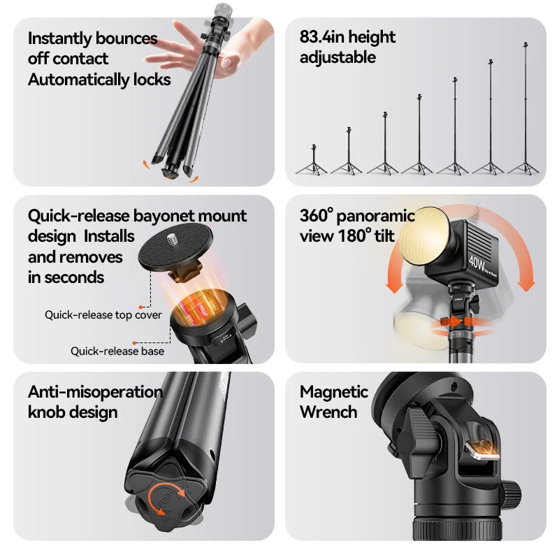Dark gray Coman tripod with a small tilting head, standing and folded, with close-ups of the locking knobs and spring legs