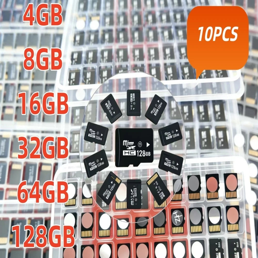 Ten small black microSD cards arranged in a circle over trays of loose cards, with capacity labels listed down the left
