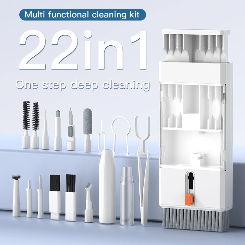 Two slim cleaning tool boxes, one black and one white, with brush bases and small tools stored behind clear covers