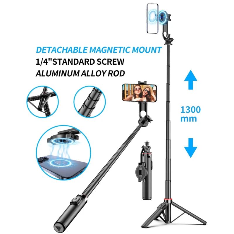 Folded black selfie stick tripod with a screw mount on top, a red ring below the head and a round clip holder on the side