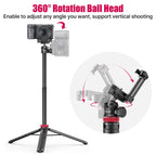 Black Ulanzi MT-44 extended as a handheld stick with a phone on top, and set up as a tripod holding a mirrorless camera