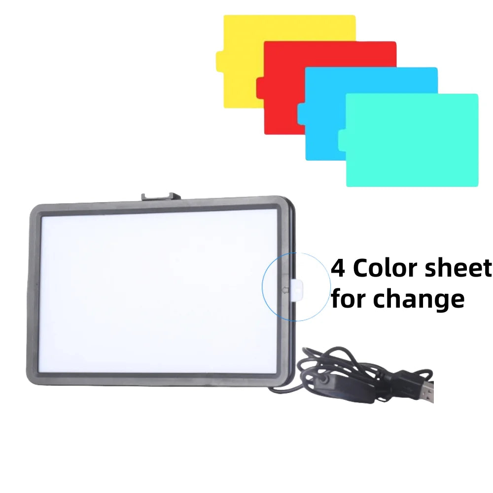 Rectangular LED panel light shown lit in yellow, green, blue and red, with four colored filter cards and a USB controller
