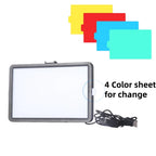Rectangular LED panel light shown lit in yellow, green, blue and red, with four colored filter cards and a USB controller