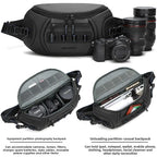 Black camera sling bag open from the top to show grey dividers, above three views holding a camera and lenses