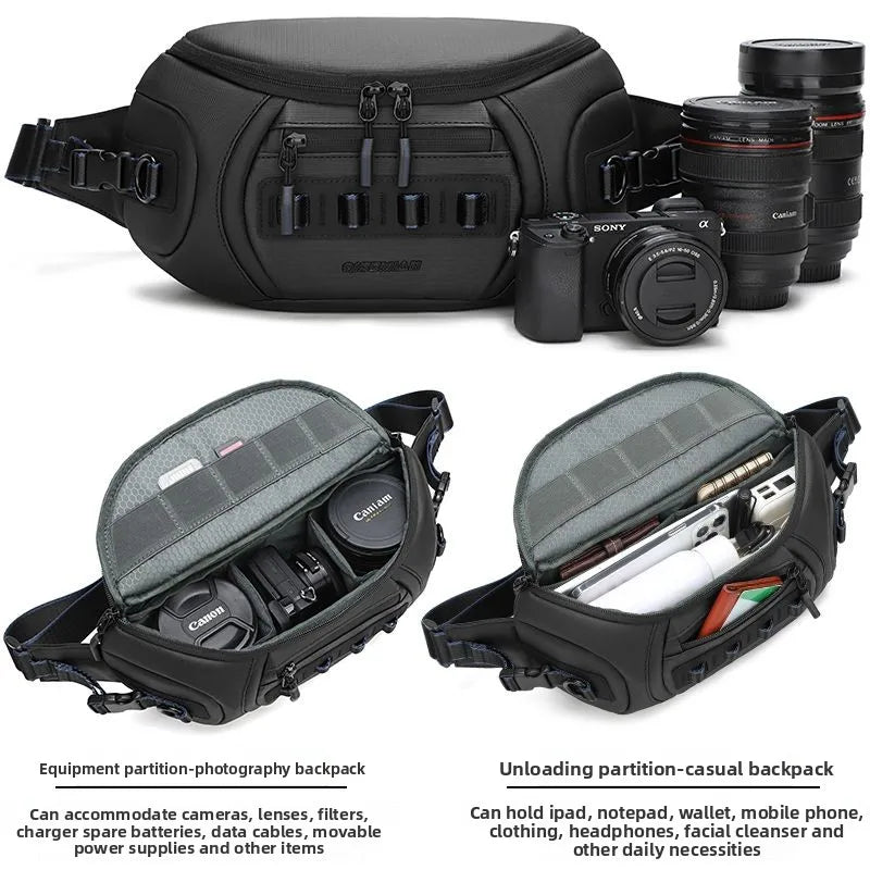 Black camera sling bag open from the top to show grey dividers, above three views holding a camera and lenses