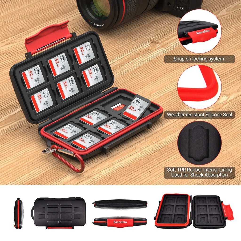 Black hard card case with a red seal, open to show SD cards in moulded slots, with a second closed case shown in water