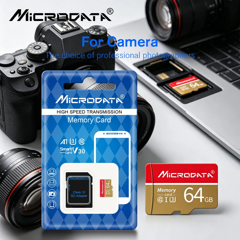Red and gold Microdata microSD cards in several capacities with a blue retail pack and a black SD adapter