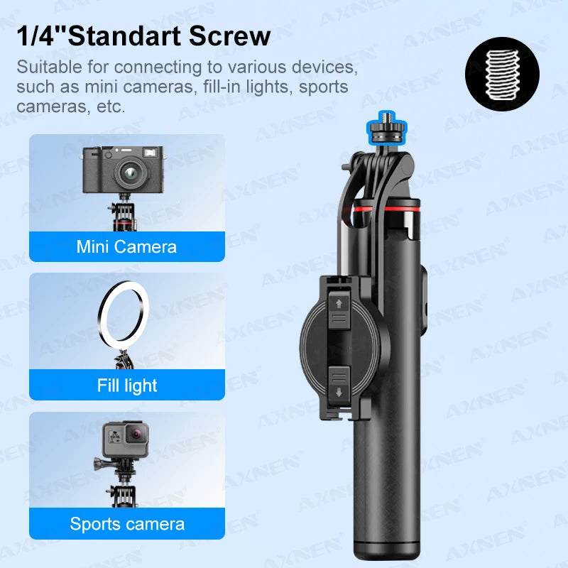 Black Axnen selfie stick tripod with a round magnetic phone mount, a small remote, and a ring light on the side