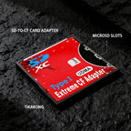 Red CompactFlash-size adapter with an SD card opening, labelled Type I UDMA Extreme CF Adapter, on dark stone