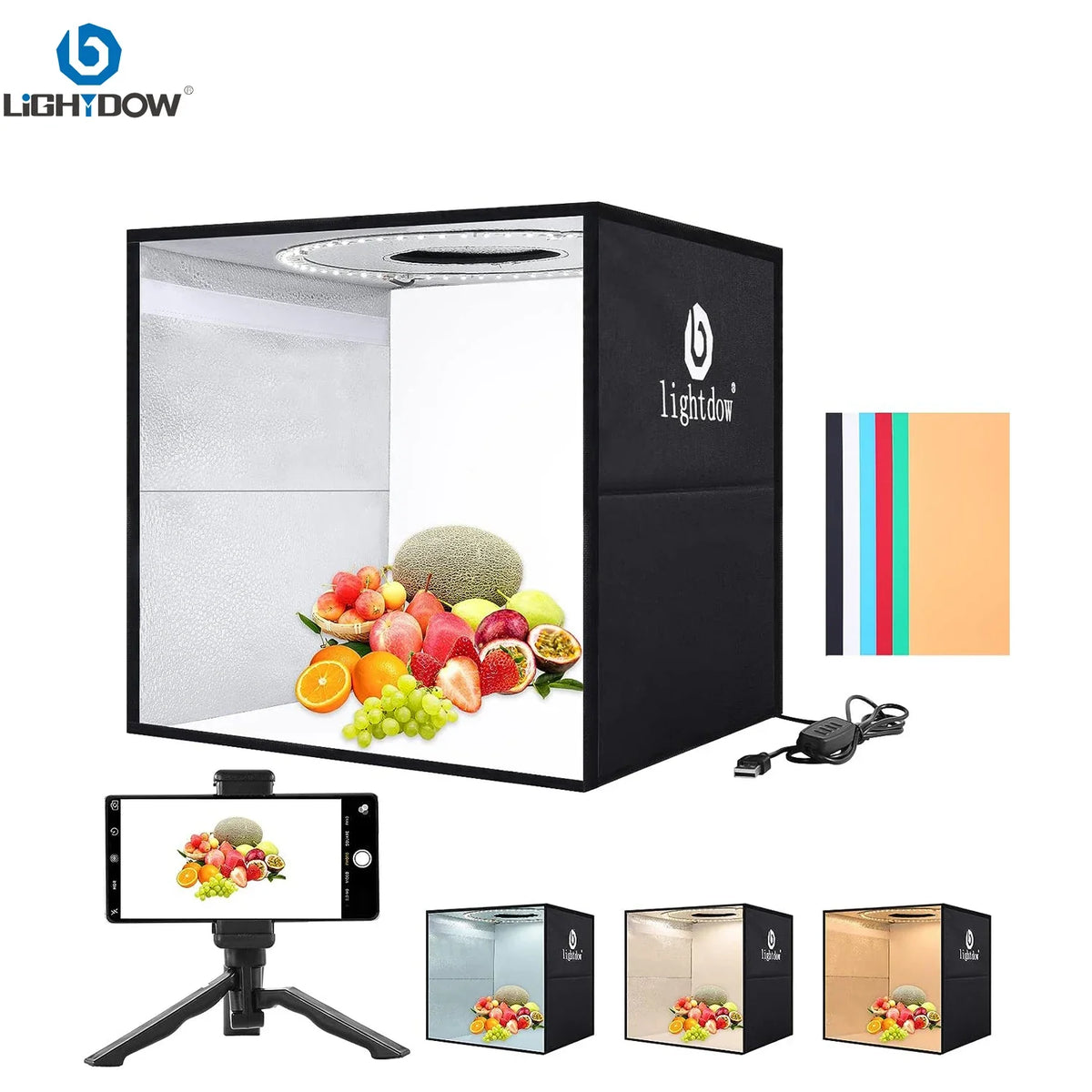Black Lightdow cube light box with a ring of LEDs inside, six rolled color backdrops and the box folded flat with a handle