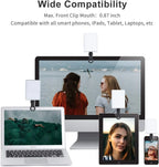 Clip-on LED light with warm and cool beads, shown clipped to a phone, mounted on a DSLR and clipped to a laptop