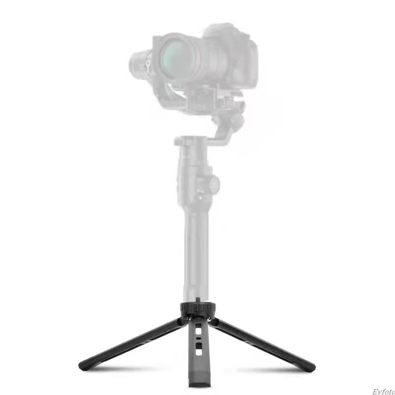Black metal mini tripod with a 1/4 inch screw on top, shown with its legs in four positions from flat to upright
