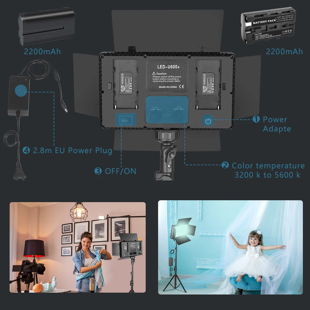Two LED panel lights with barn doors on tall tripod stands, one lit warm, with power adapters, a remote and a battery