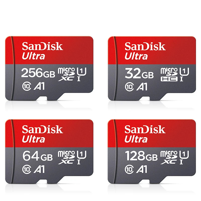 Four red and grey SanDisk Ultra microSD cards marked 256GB, 32GB, 64GB and 128GB