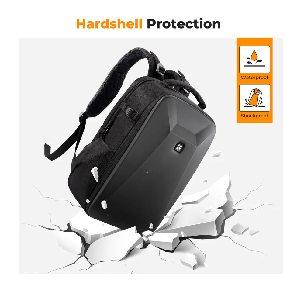 Black K&F Concept camera backpack with a molded hard shell front, beside its open inside and a white rain cover
