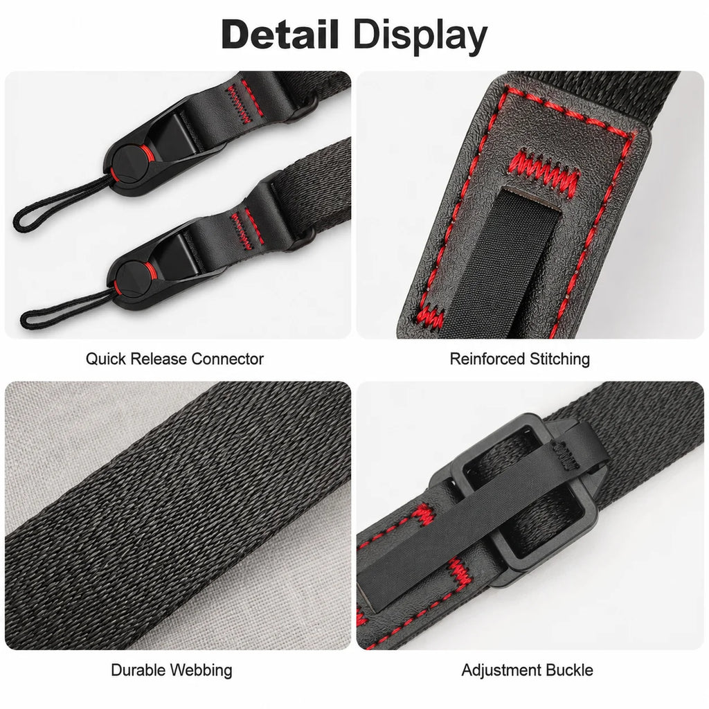 Six fabric camera straps in black, grey, blue and orange with quick release clips, one attached to a black DSLR