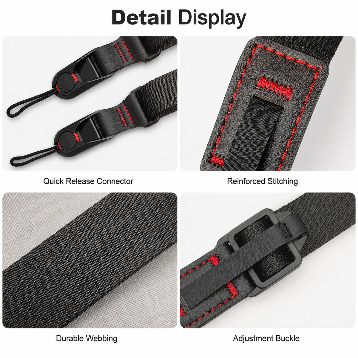 Six fabric camera straps in black, grey, blue and orange with quick release clips, one attached to a black DSLR