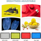 Two LED panel lights on black tripod stands with USB cables, beside panels glowing red, orange, purple, green and blue