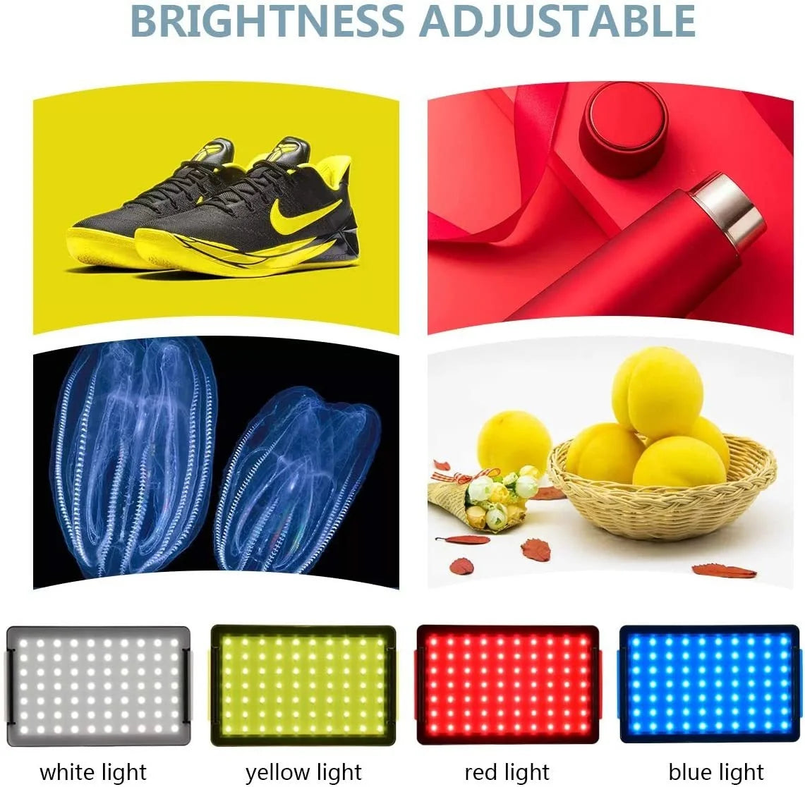 Two LED panel lights on black tripod stands with USB cables, beside panels glowing red, orange, purple, green and blue
