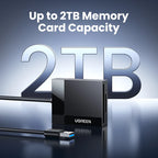 Black four-slot card reader with an attached USB-A cable, shown with CompactFlash, SD and microSD cards beside it