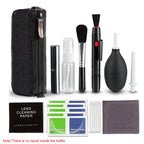 Cleaning kit with black mesh zip case, blower, lens pen, brush, spray bottle, swabs, wet and dry wipes, lens paper and cloth