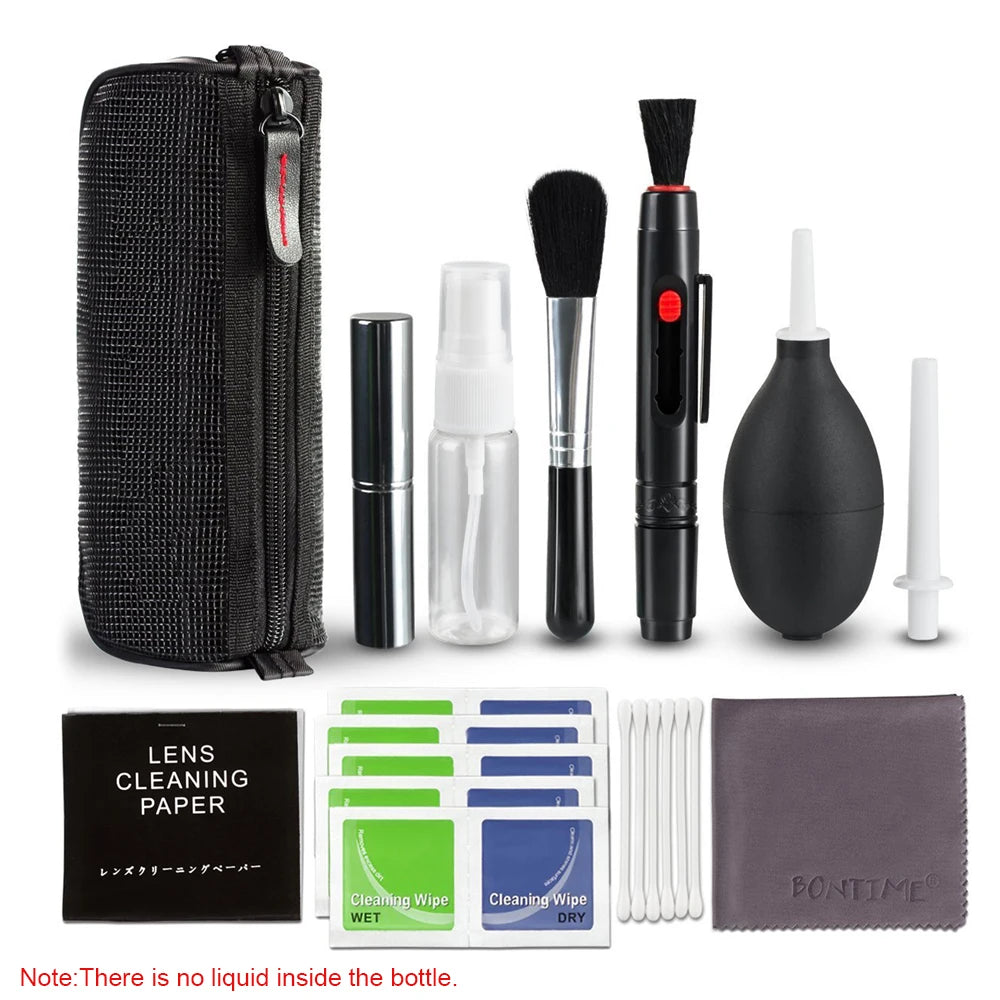 Cleaning kit with black mesh zip case, blower, lens pen, brush, spray bottle, swabs, wet and dry wipes, lens paper and cloth