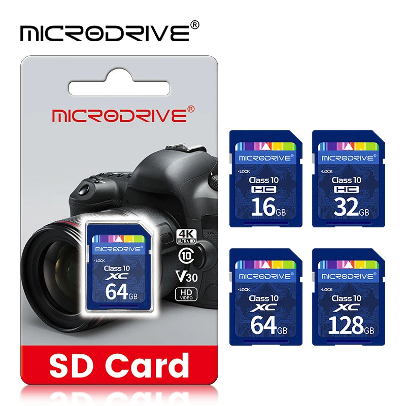 Four blue Microdrive Class 10 SD cards stepped in a row, with a Canon DSLR lens in the top corner