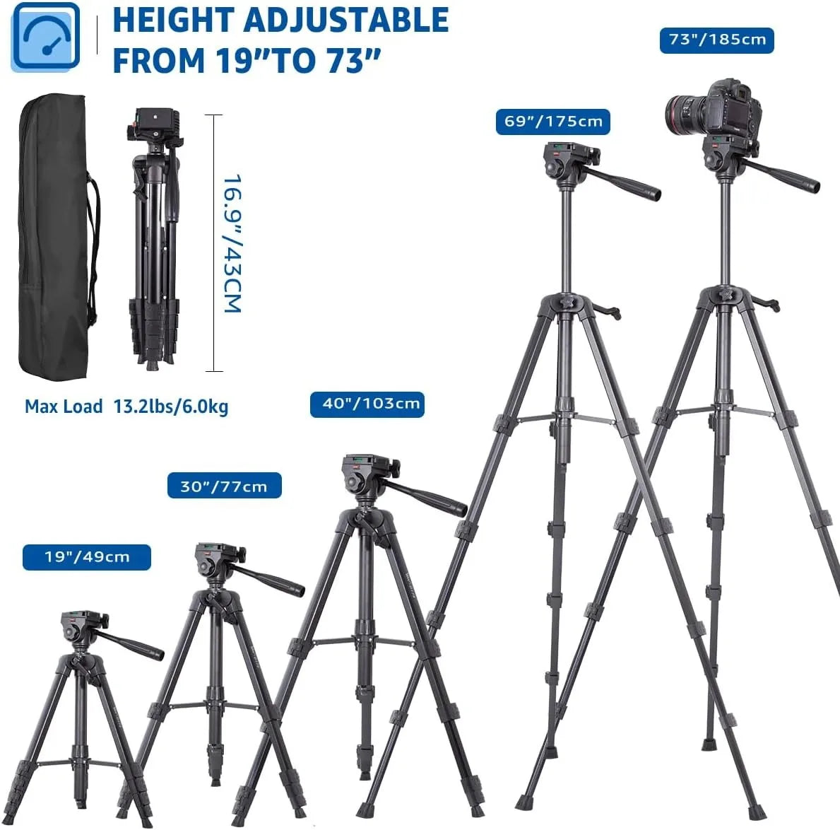 Black tripod with a pan head and long handle, shown with a phone holder, a spare plate, a folded view and a black carry bag