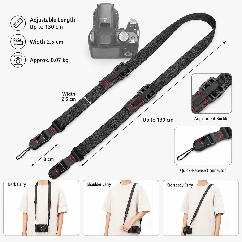Six fabric camera straps in black, grey, blue and orange with quick release clips, one attached to a black DSLR