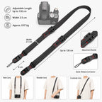Six fabric camera straps in black, grey, blue and orange with quick release clips, one attached to a black DSLR