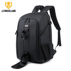 Black camera backpack with a tripod strapped to its side, plus close-ups of a strap buckle and a detachable tripod pouch