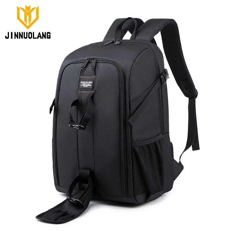 Black camera backpack with a tripod strapped to its side, plus close-ups of a strap buckle and a detachable tripod pouch