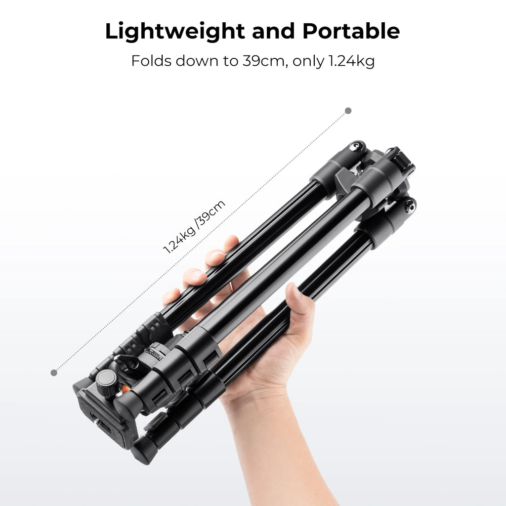 Black K&F Concept tripod with an orange ball head, shown with a phone clip, folded legs, outdoor use and its box and bag