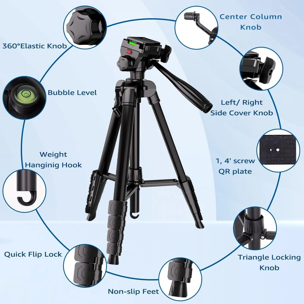 Black tripod with a pan head and long handle, shown with a phone holder, a spare plate, a folded view and a black carry bag