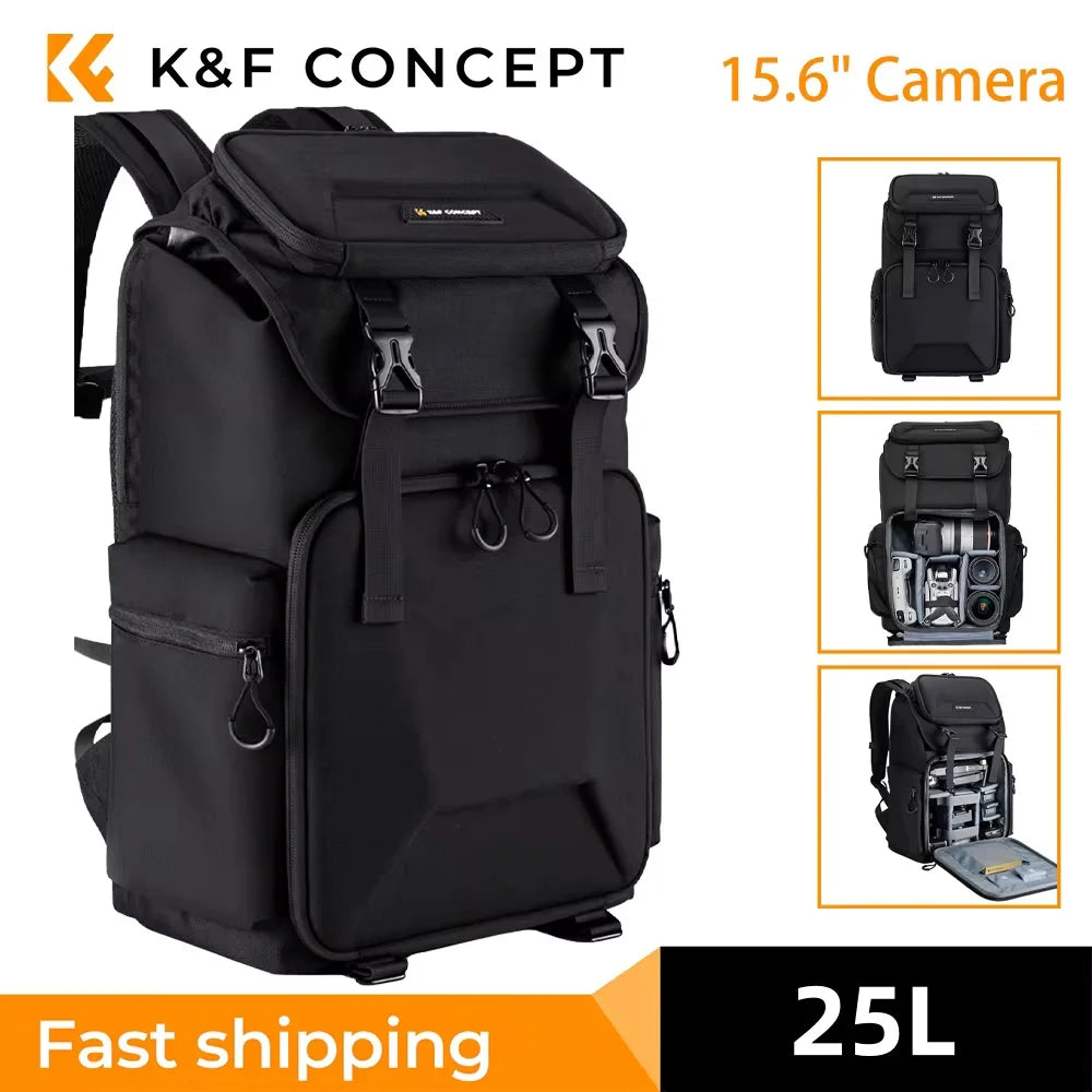 Black K&F Concept camera backpack with a buckled flap top, plus smaller views open to show the camera section