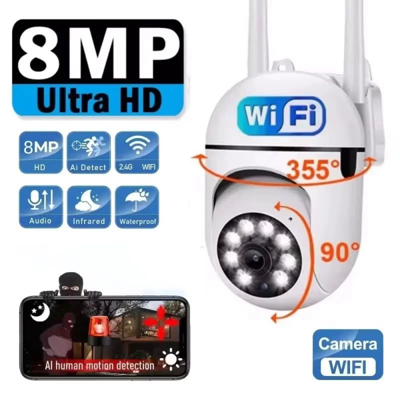 White dome security camera with two antennas and a ring of lights, marked with 355 and 90 degree rotation arrows