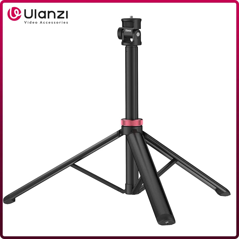 Black Ulanzi tripod stand with three splayed legs, a telescoping center pole, a red locking ring and a tilting mount on top