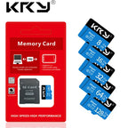 Blue and black KRY microSD cards from 8GB to 128GB beside a red retail pack holding a card and an SD adapter