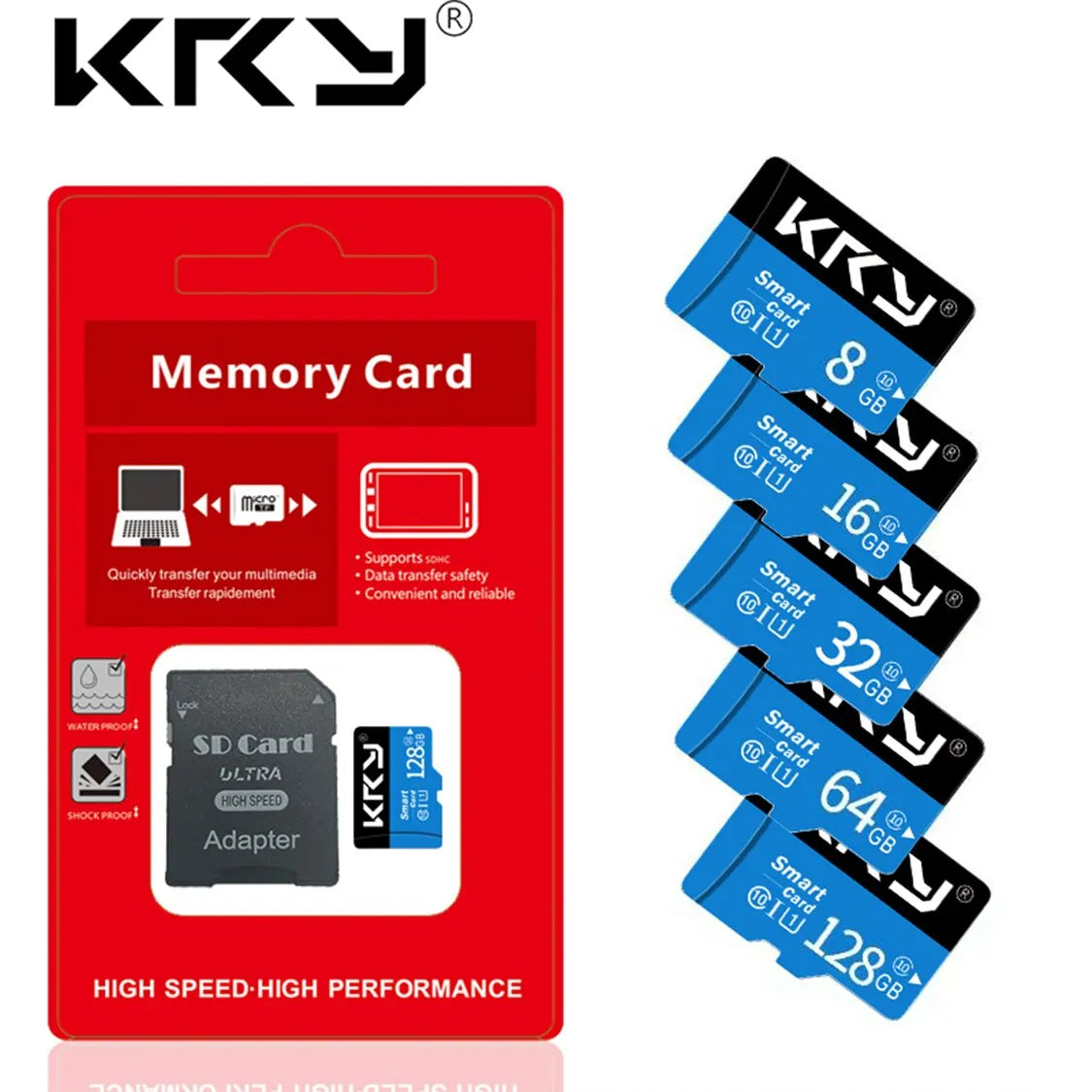 Blue and black KRY microSD cards from 8GB to 128GB beside a red retail pack holding a card and an SD adapter